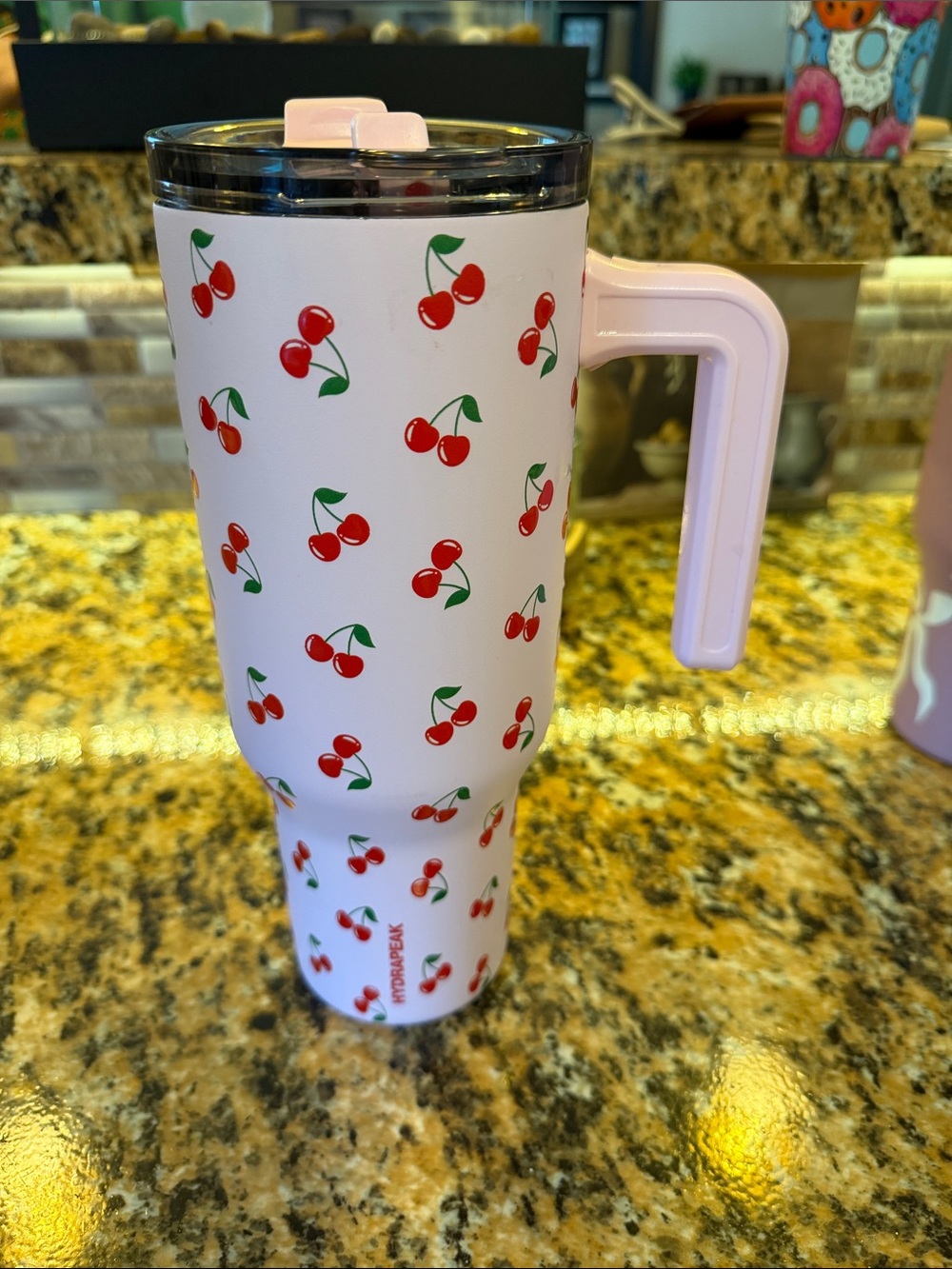 Cherry Print Pink Travel Tumbler with Handle no straw